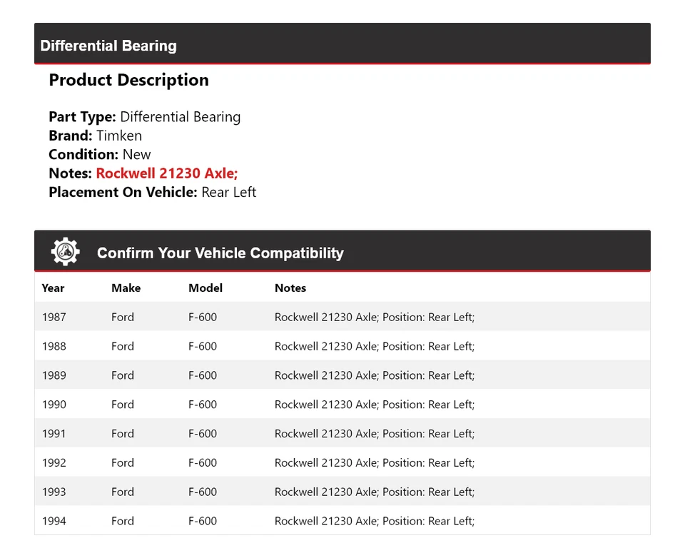 For 1987-1994 Ford F-600 Differential Bearing Rear Left Timken 1988 1989 1990 - Image 2 of 4