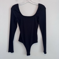 Altar d State Black Ribbed Bodysuit M Square Neck Long Sleeve Stretch