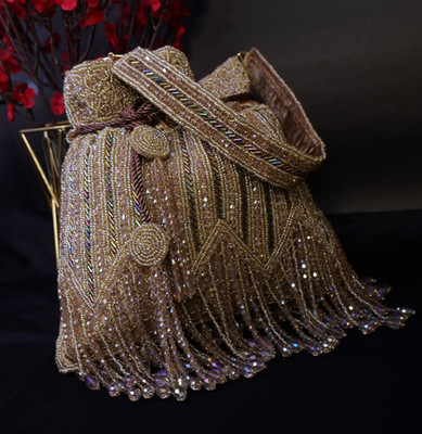 Copper Brown Potli Bag with Crystal Tassels Bridal Purse Wedding Pouch Bag Gift