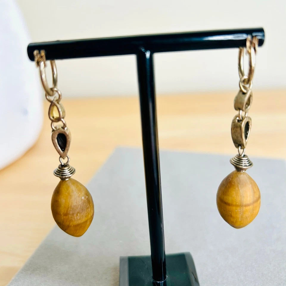 Tigers Eye Stone Mother of Pearl Gold Tone Dangle Earrings Vintage - Image 3 of 3