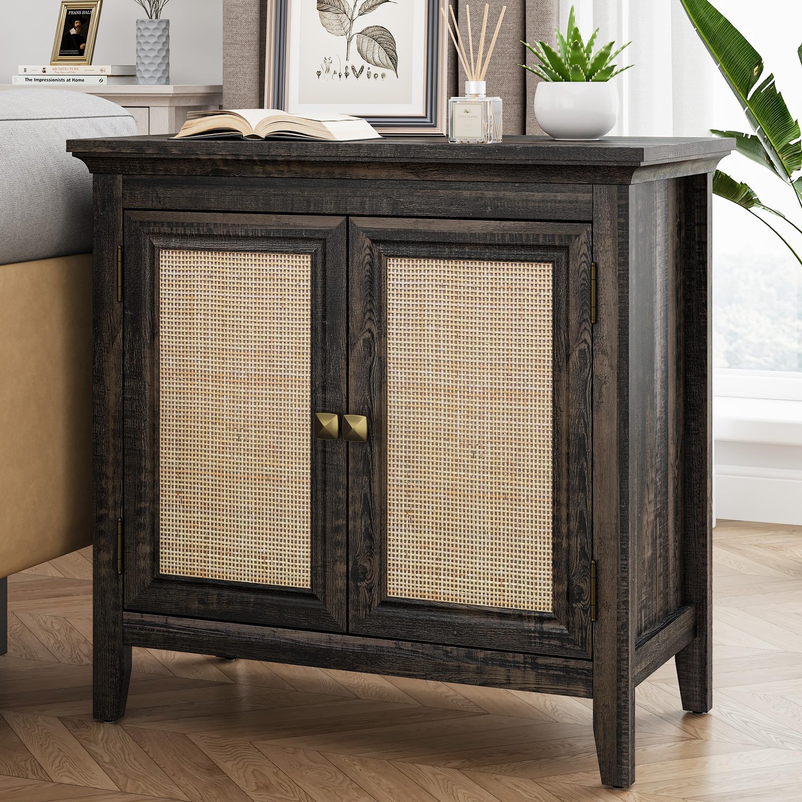 Rattan Sideboard Cabinet with Adjustable Storage for Kitchen or Dining Room