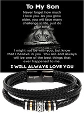 To My Son Bracelet, Braided Leather Bracelet with Stainless Steel Beads Message