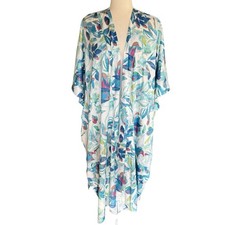 Nordstrom NWT O/S Satin Kimono Blue Sun Floral Beach Boho Long Relaxed 79