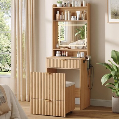 Fluted Makeup Vanity Desk W/ Mirror & Lights Oak Small 3-in-1 Nightstand