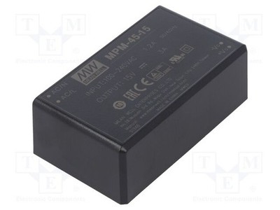 OUT: 1 80÷264VAC 15VDC IAusg: 3A PCB Wandler: AC/DC 45W 92,5%