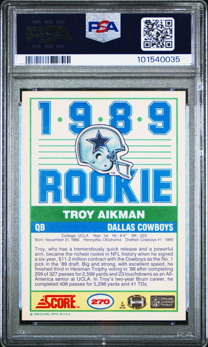 1989 Score Troy Aikman Rookie RC #270 PSA 8 NM-MT HOF Dallas