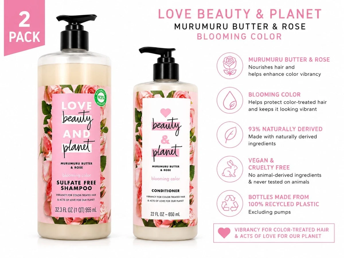 Love Beauty And Planet Shampoo 32.3oz & Conditioner 22oz Murumuru Butter Rose Se