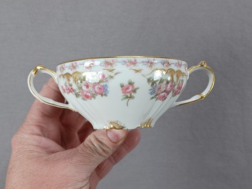 Limoges France Pink Rose Blue Floral & Gold Bouillon Cup & Saucer A - Picture 3 of 13