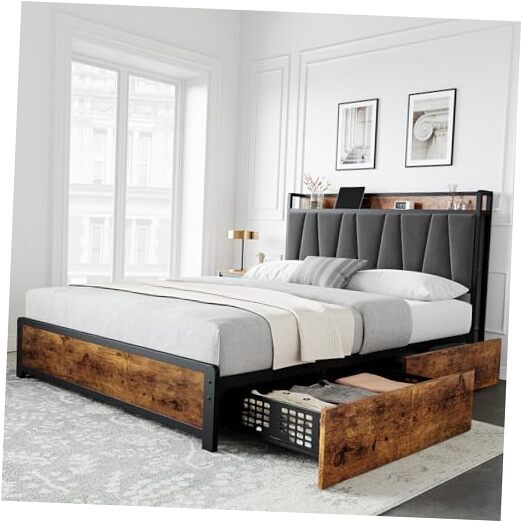 Full Size Bed Frame with Upholstered Storage Charging Headboard, Heavy Duty