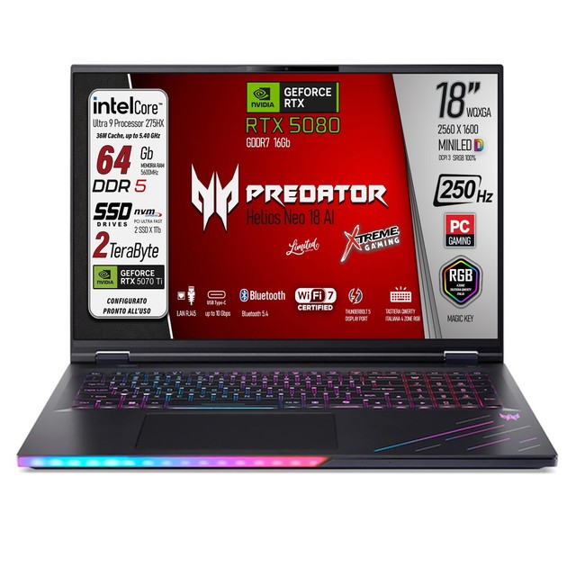Acer Predator Helios 18" AI Ultra 9 275x DualSSD 2TB RAM 64GB DDR5 RTX 5080 16GB