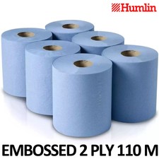 6 PACK 2 PLY BLUE EMBOSSED CENTRE FEED PAPER WIPE ROLLS 110m ROLLS