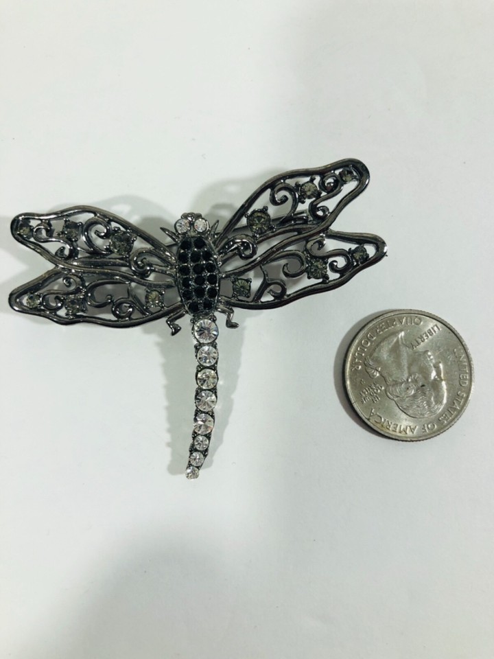 Vintage Large Dragonfly Crystal Rhinestone Pin Brooch Silvertone Insect ...