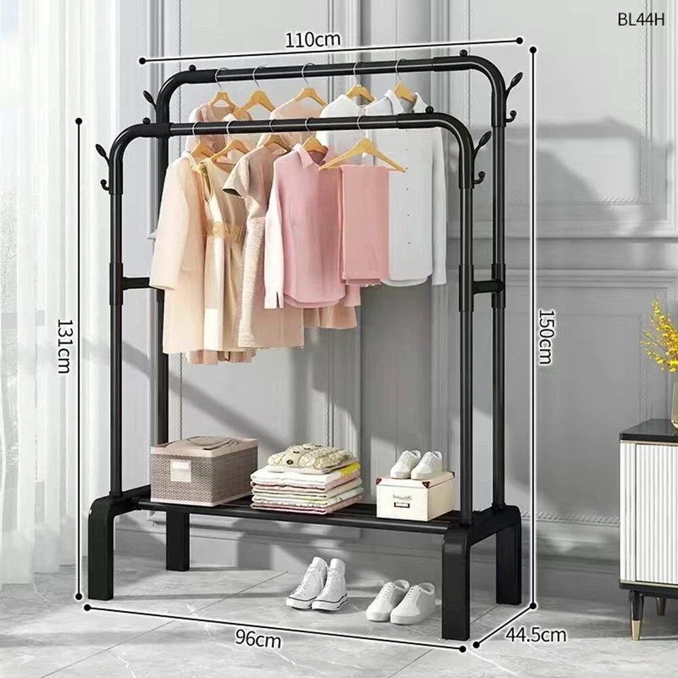 Double Rod Clothing Rack Heavy Duty Clothing Garment Rack w/ 4 Hooks for Bedroom - Image 2 of 4