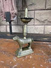 Antique Old Brass Hand Carved South India Rare Lion Figure With Oil Lamp