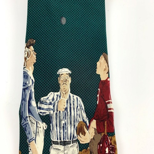 Corbata de novedad para hombre: Lanzamiento de monedas de béisbol Norman Rockwell. Seda. Verde y marrón. ¡Nuevo! - Imagen 2 de 5