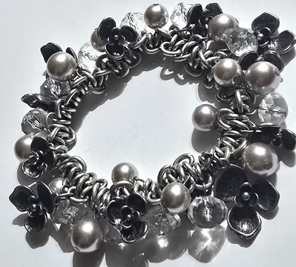 Pulsera elástica Chico de colección tono plateado flor transparente perla cuentas clanky racimo Foto 3 de 4