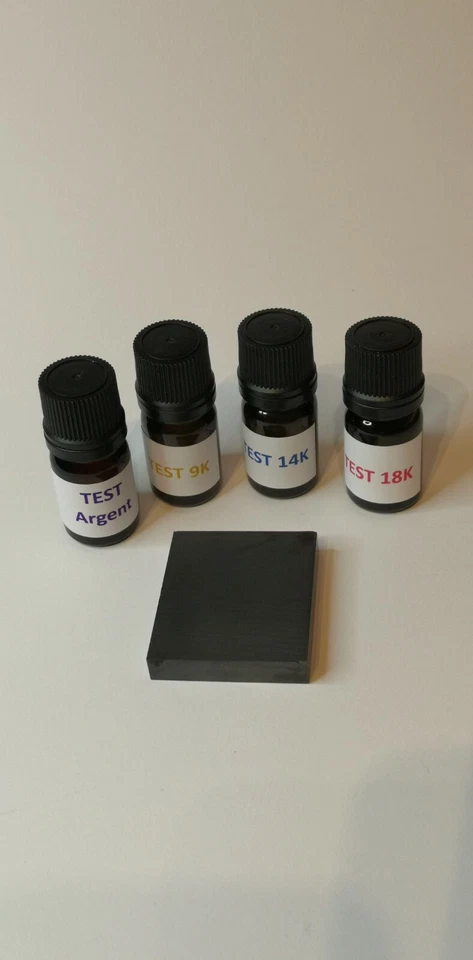 Kit réactif testeur  4 test or 9, 14, 18 K et argent + pierre de touche + notice