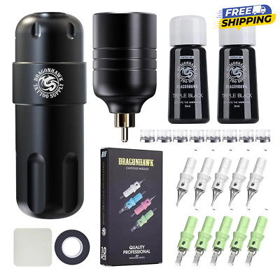 Dragonhawk Wireless Tattoo Kit Rotary Pen Machine Ink Cartridge Needles PMU