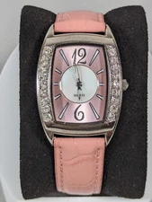 Pink Dial Crystal Accent Silver Tone Rectangle Case Pink Leather Band Watch