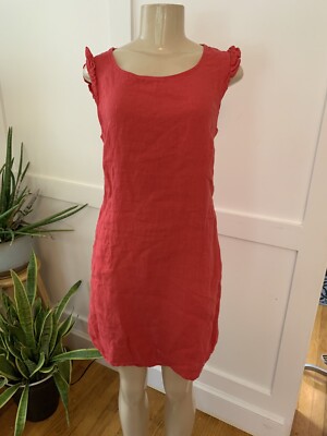 Lina Tomei Mini Dress Size S Red Linen Ruffle Slvs Pockets Made