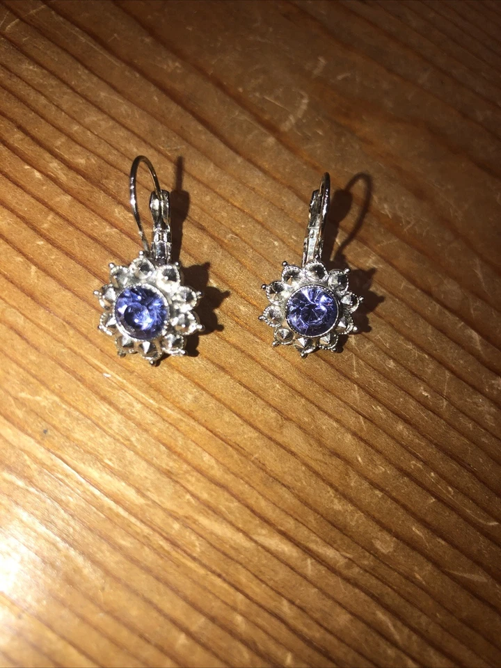 Pendientes de plata firmados Joan Rivers vintage cristal tanzanita palanca trasera T Foto 2 de 4