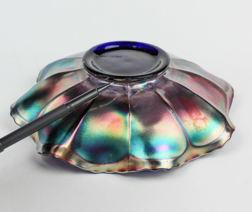 DUGAN FENTON ☆ Carnival Glass Cobalt Heavy Grape Leaf & Cable Bowl - Picture 6 of 6