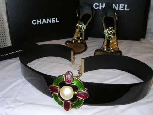 CHANEL Gripoix MONTE CARLO 2007 Jewelry Collection BELT Black Patent Gold Chain - Picture 1 of 12