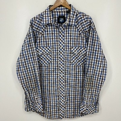 Resistol Long Sleeve Pearl Snap Shirt Men's Size 2XL Blue Brown Check Print
