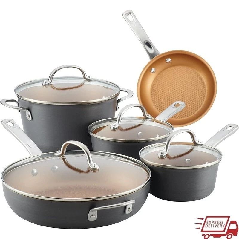 Hard Anodized Nonstick Cookware Set W/ Glass Lids Durable Kitchen Pots Pans Set