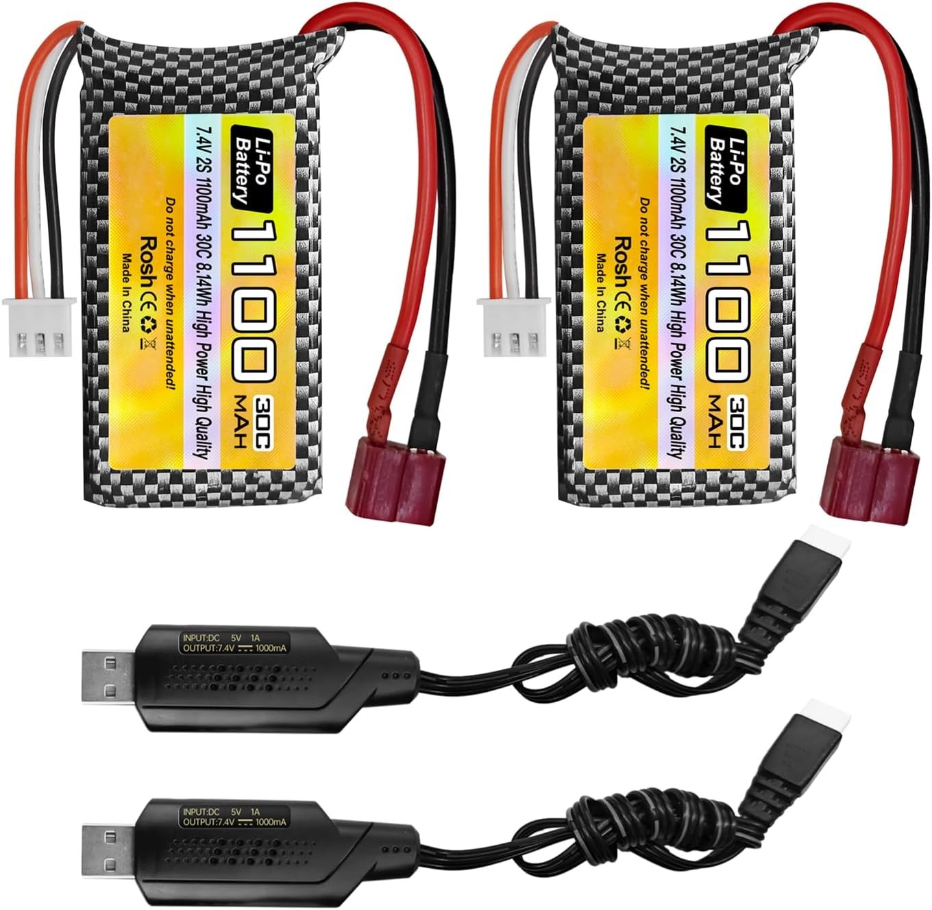 2PCS 7.4V 2S 1100mAh 30C Lipo Battery T Plug with USB Charge