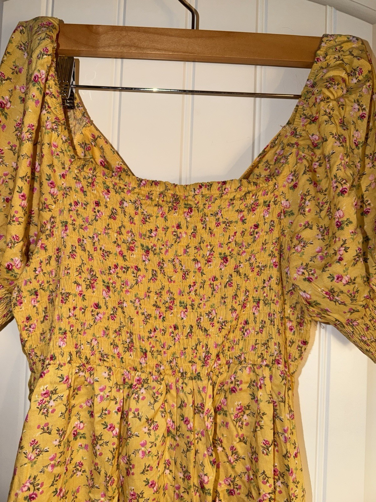 Mimi Chica Yellow Floral Puff Sleeve Dress Medium Cottagecore Boho Tie Front, photo 6