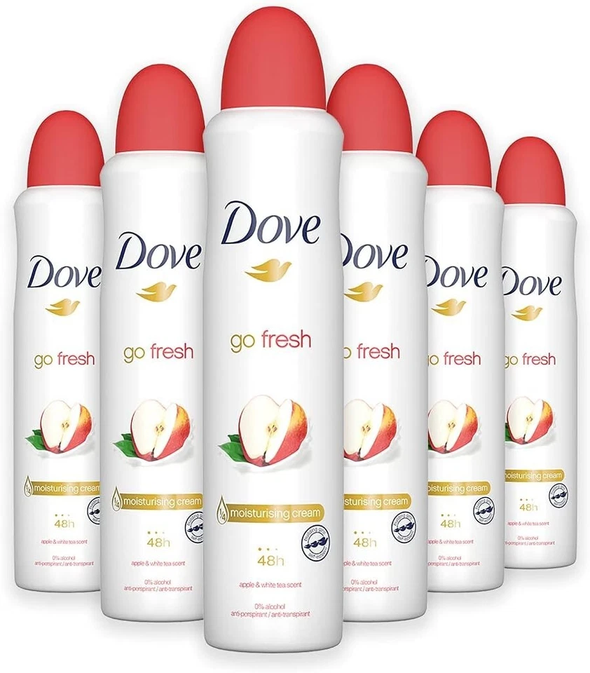 6 x 150ml Dove Apple & White Tea Scent Deodorant Spray Antiperspirant 0% Alcohol