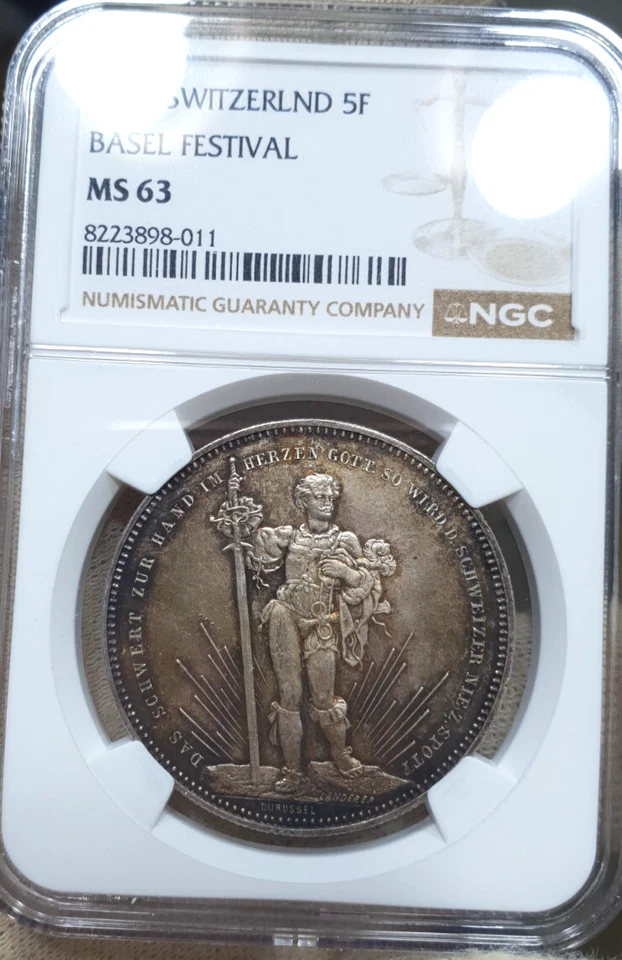 NGC MS 63 Switzerland Basel 1879 Unc 1 Shooting Thaler 5 Francs Coin Silver - Image 2 of 4
