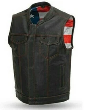 US Flag Mens SOA Motorcycle Club Style Leather Vest Concealed Carry Solid Back 