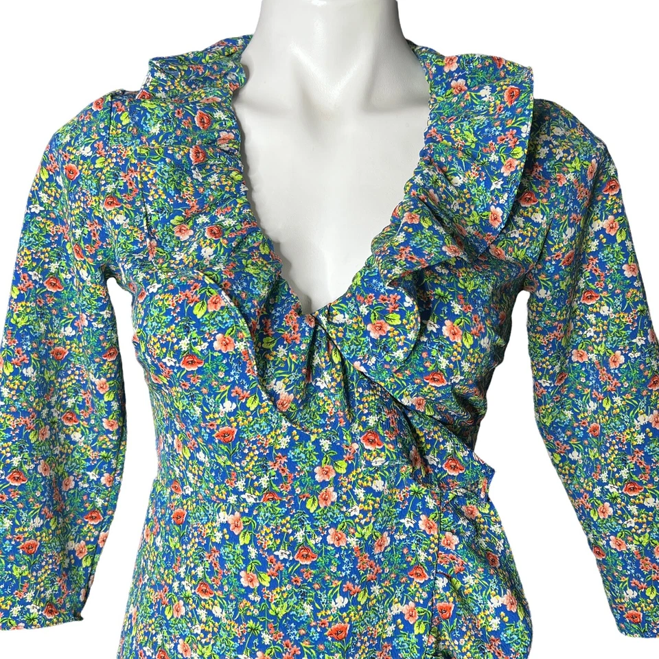 Top Shop Blusa Envolvente Azul Verde Floral Top Volantes Corbatas Cuello en V Talla 2 Foto 4 de 4