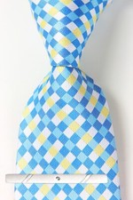 New Classic Checks Plaids Blue White JACQUARD WOVEN 100 Silk Men's Necktie Tie