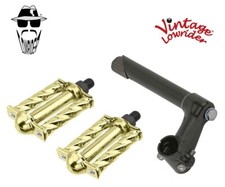 Vtg Lowrider Stem 2-Screw 21.1 Black Pedals Mi Square Twisted 1/2" Gold
