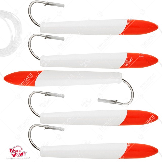 5pcs 6" Fishing Cedar Plugs Rig Tuna Mahi Trolling Wood Lure Red White