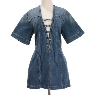 Stella McCartney NWOT Paneled Lace-Up Denim Mini Dress Size S Blue 100% Cotton
