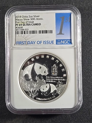 2018 China Macau Numismatic Society  Show Panda 2 oz Silver Proof Medal NGC PF69