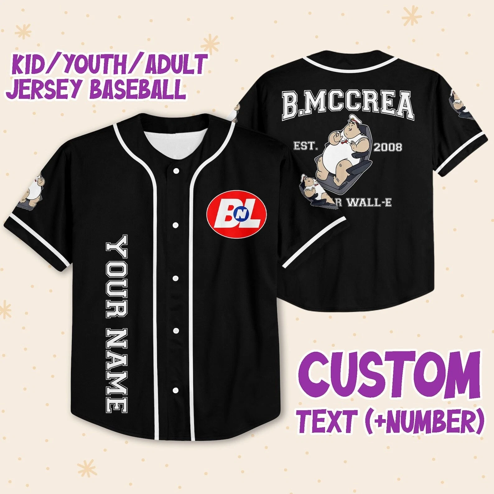 Personalized Disney Pixar WALL-E B.MCCREA Baseball Jersey