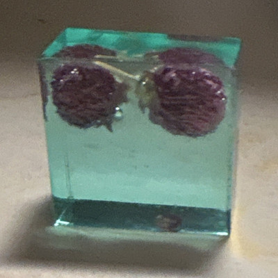 Resin Decorative Block with Embedded Purple Flowers Nature Centerpiece