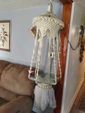 1970s Macrame Ceramic Bird Bead planter hanger Table Light Cream Yellow W/ Glass