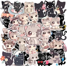 50PCS Cute Cat Stickers for Kids Girls Teen Adults, Kawaii Kitten Grey/Black 