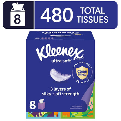 Kleenex Ultra Soft Facial Tissues, 8 Cube Boxes, 60 Tissues per Box, 3-Ply