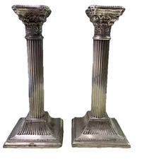 2 SILVER PLATED NEOCLASSICAL CORINTHIAN COLUMN CANDLE STICKS HOLDERS 8” TALL