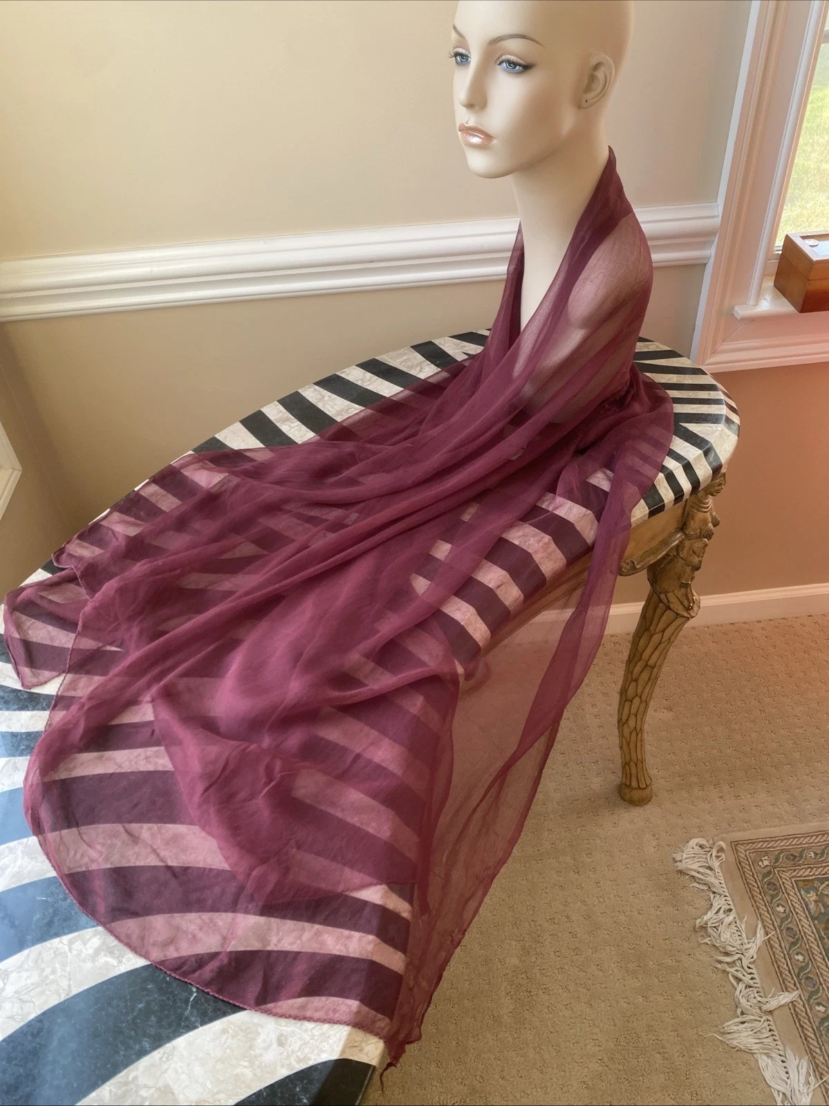 Vintage Sheer Silk Scarf Large Purple Pashmina Wrap 71x34” Boho Festival Indie