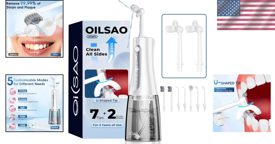 Hilo dental de agua inalámbrico con cabezal en forma de U: tanque de 350 ml limpio y extra grande 360° Foto 2 de 4
