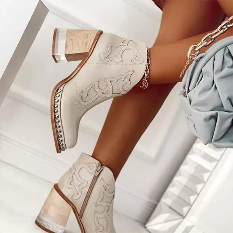 Women Western Cowboy Bootie Block High Heels Rivets Tassel Casual Mid