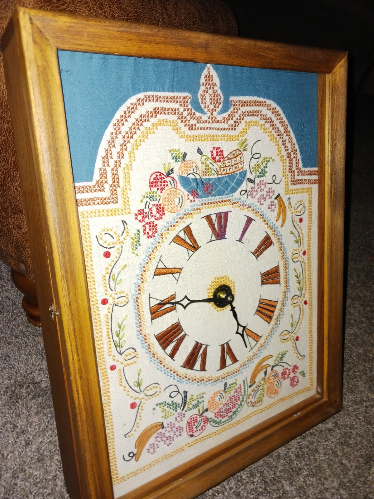 vintage finished needlepoint Wall Clock wood frame handmade eBay